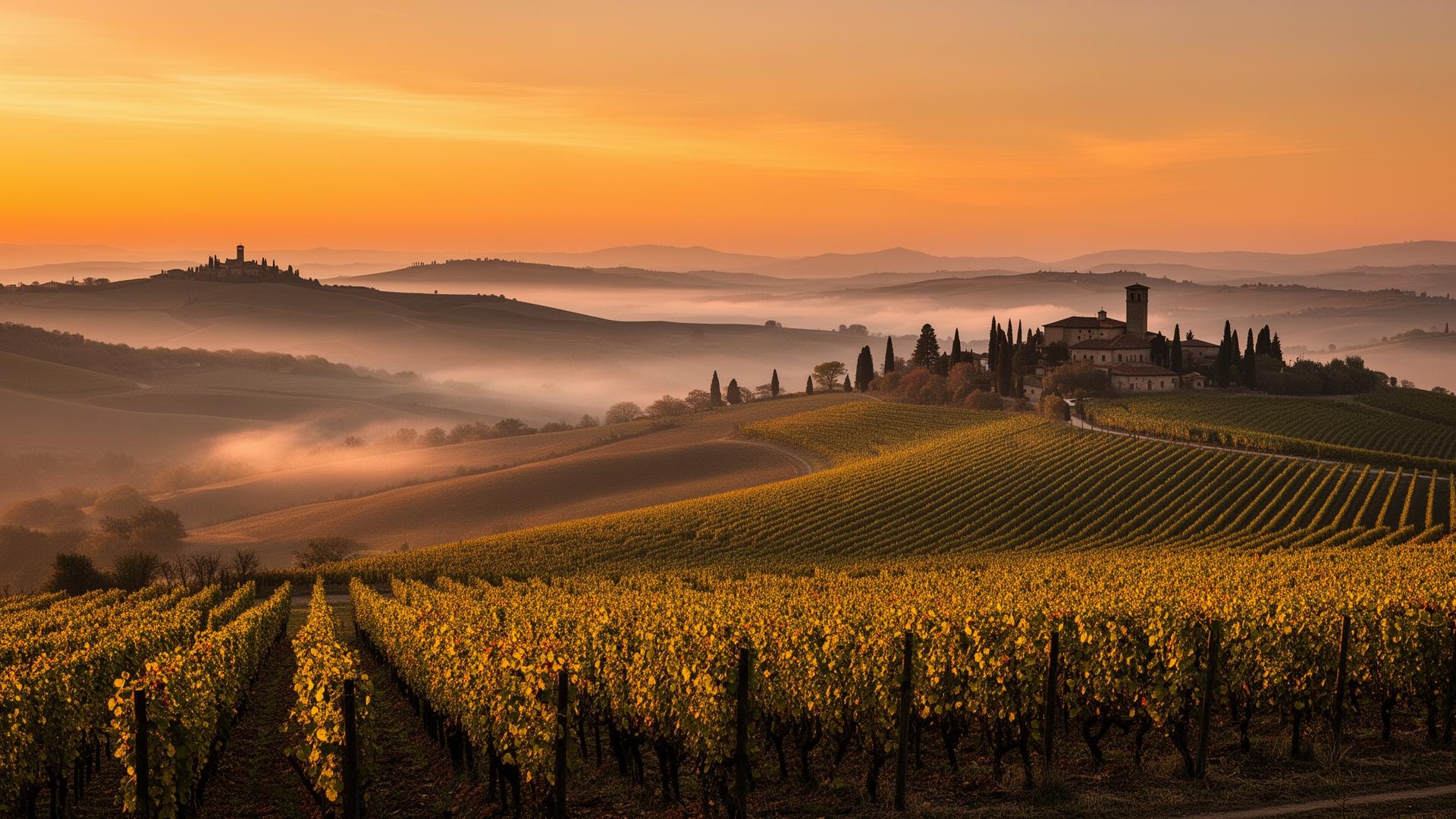 Sunset over the vineyards of Monferrato, Piedmont